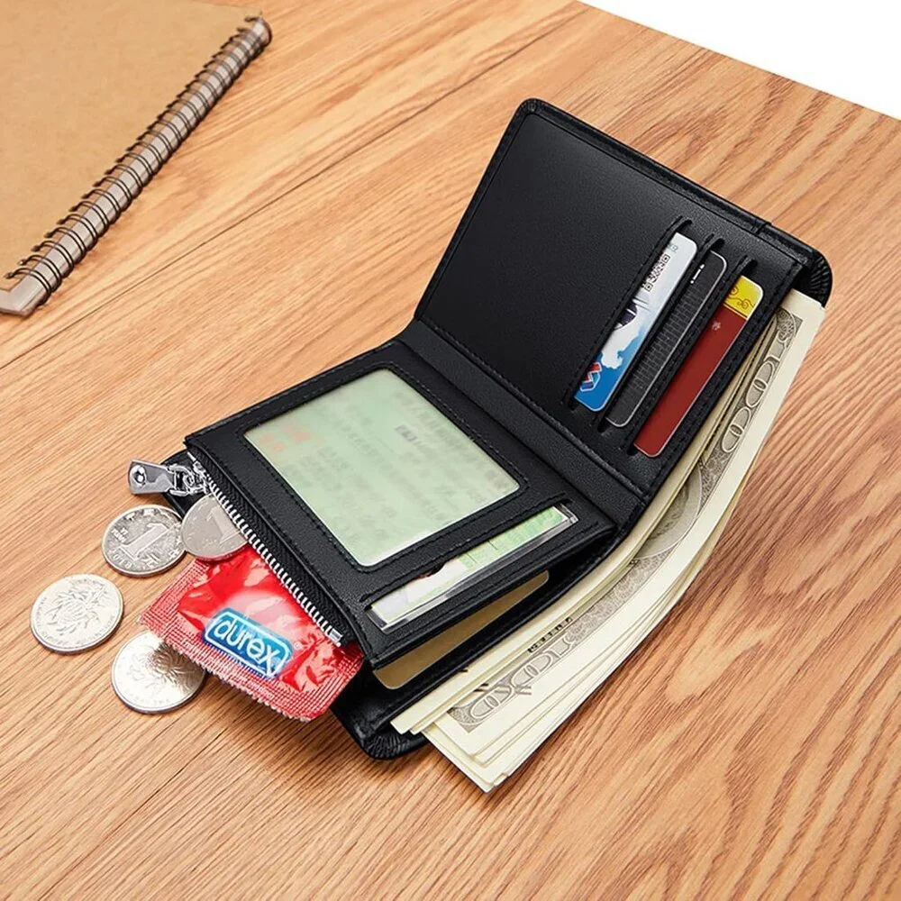 Men's Wallets Card Black Genuine Leather Slim Front Zipper Coin Pocket Design